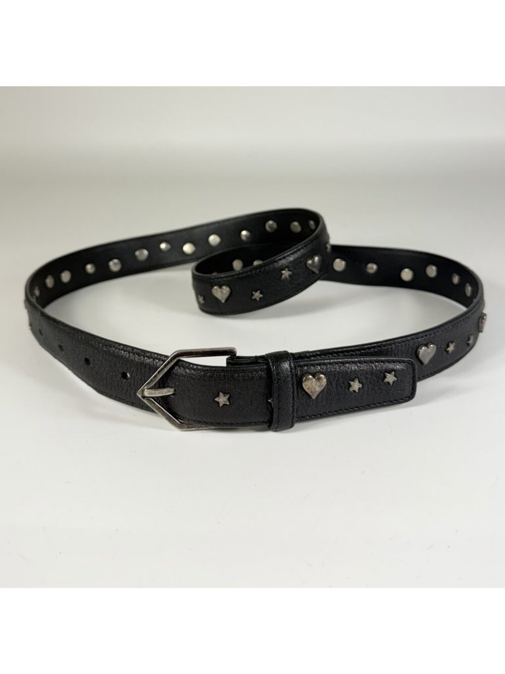 Vintage YSL Saint Laurent Women's Heart & Star Studded Skinny Leather Belt 85/34